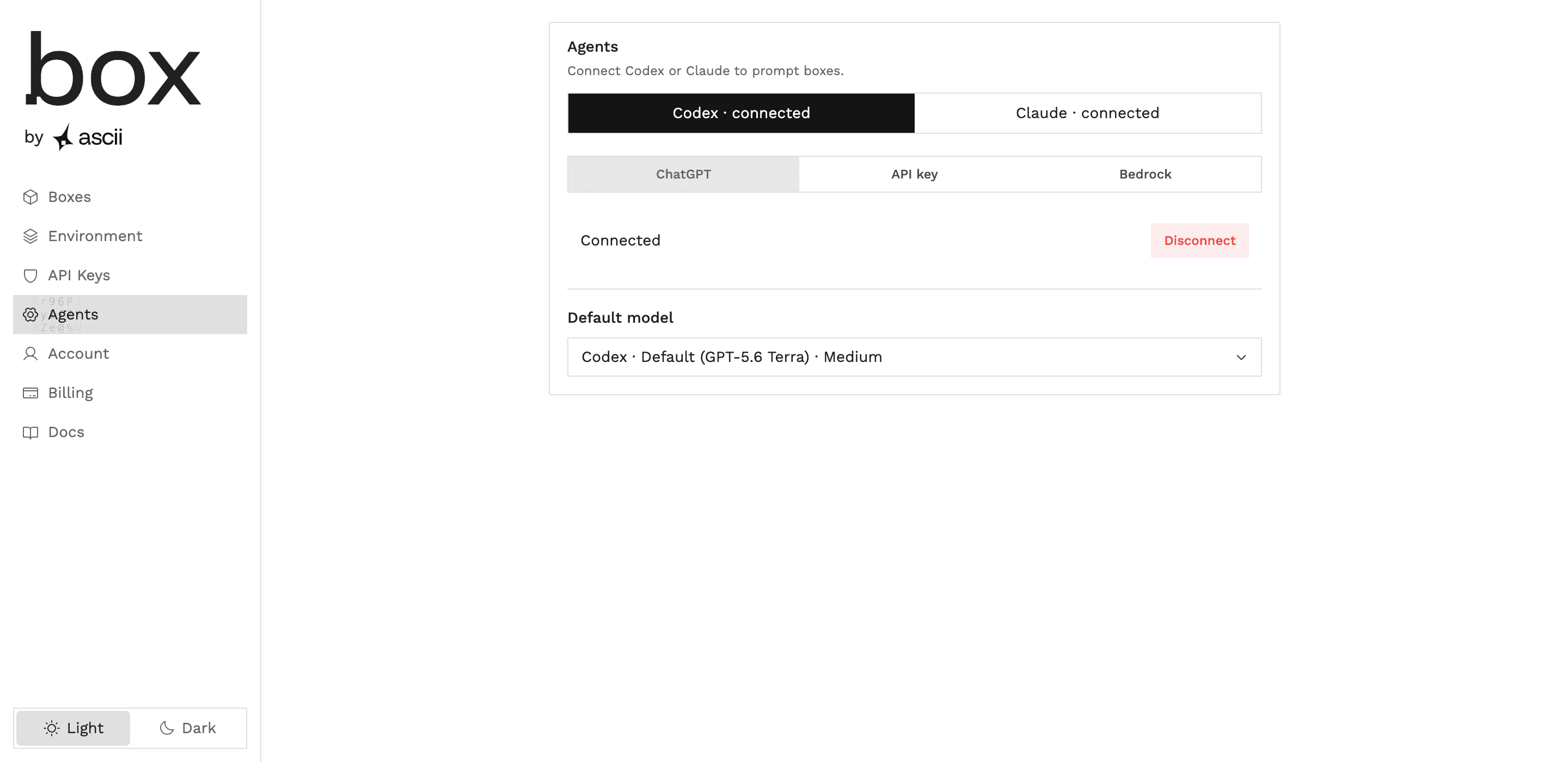 Box dashboard Agents tab with Claude Code and Codex connections