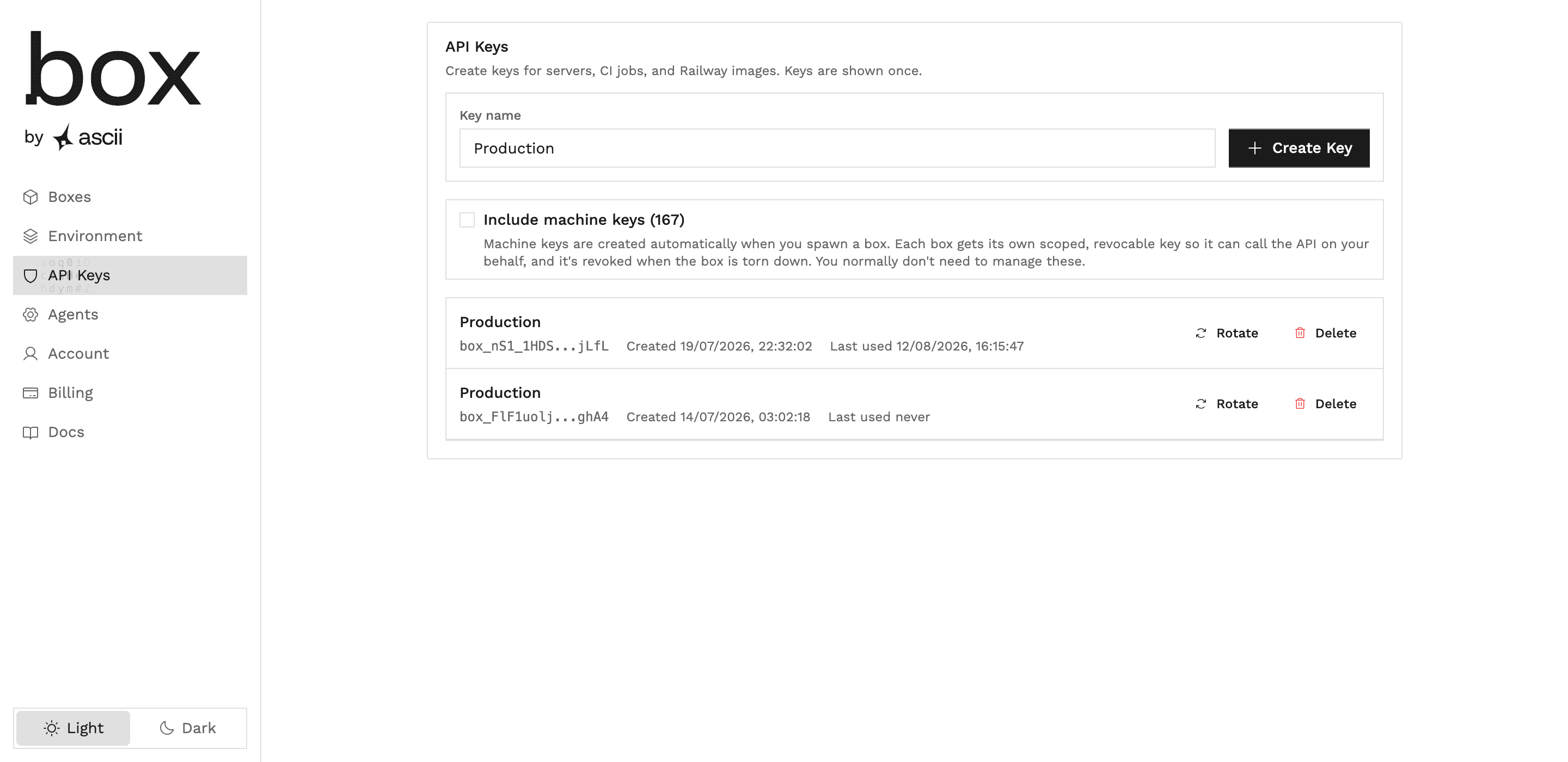 Box dashboard API Keys tab with controls to create a key