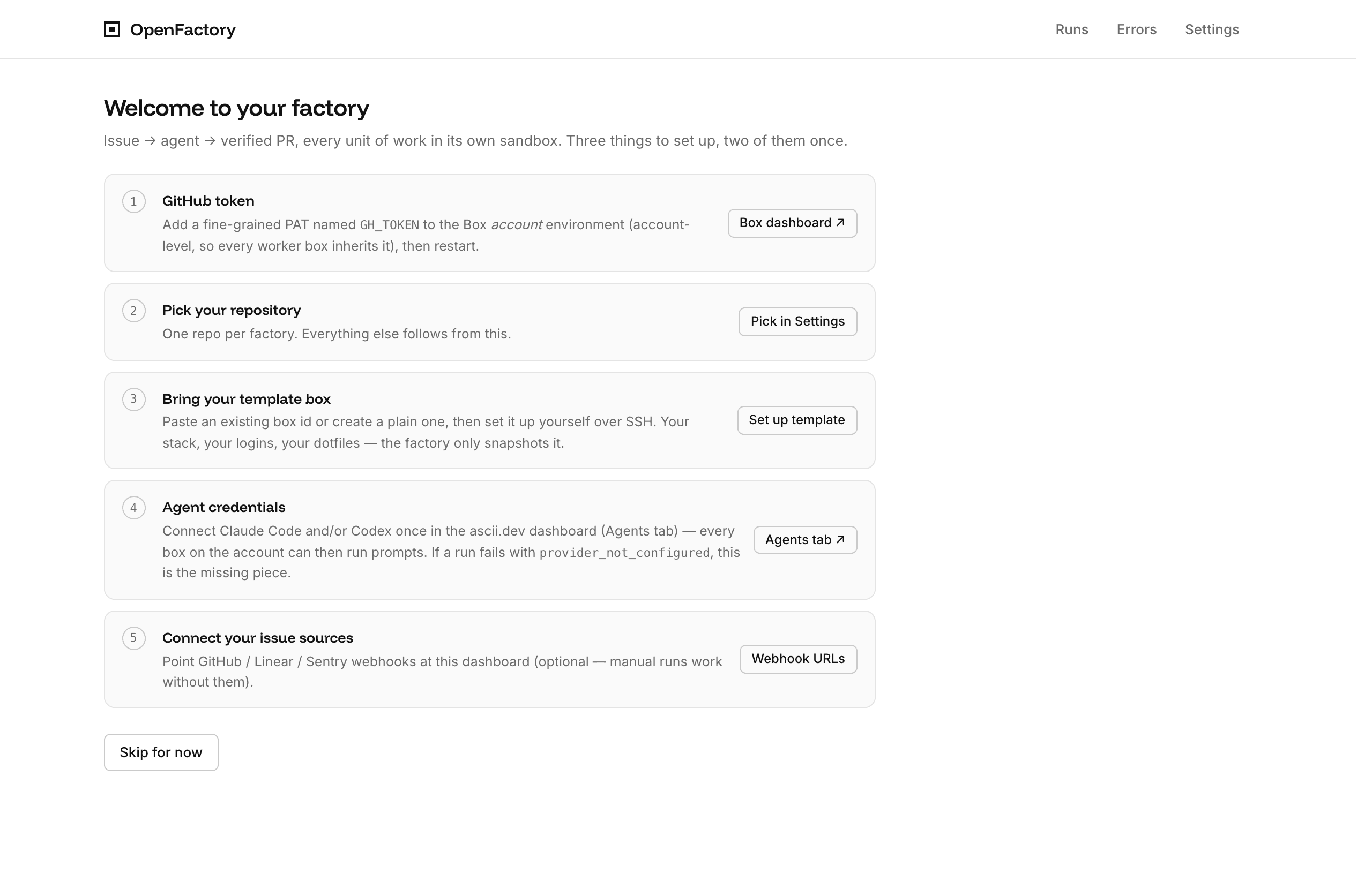 OpenFactory dashboard before a repository or template Box has been configured