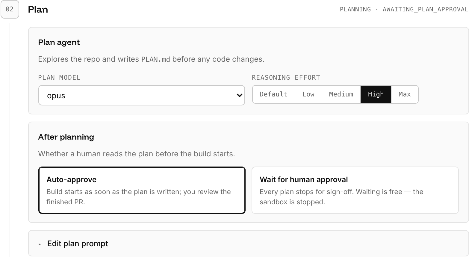OpenFactory Plan settings with the opus model selected, High reasoning effort, automatic and manual approval choices, and the plan prompt editor collapsed