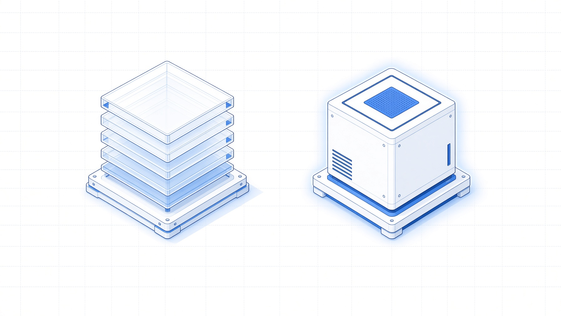 Illustration comparing flat shared container trays with a solid dedicated virtual machine cube