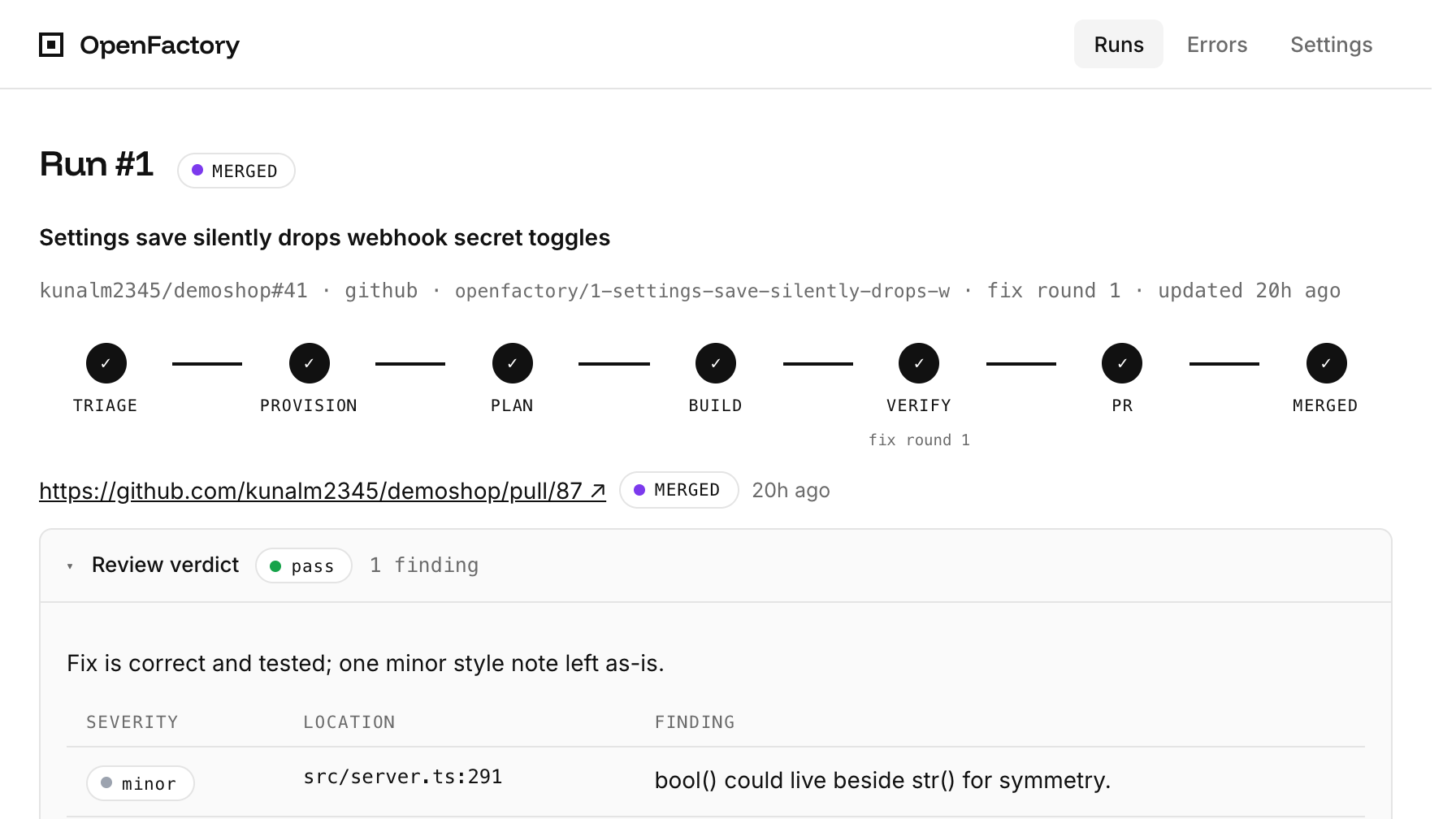 OpenFactory run page showing a seven-stage coding agent pipeline, merged pull request, and review verdict